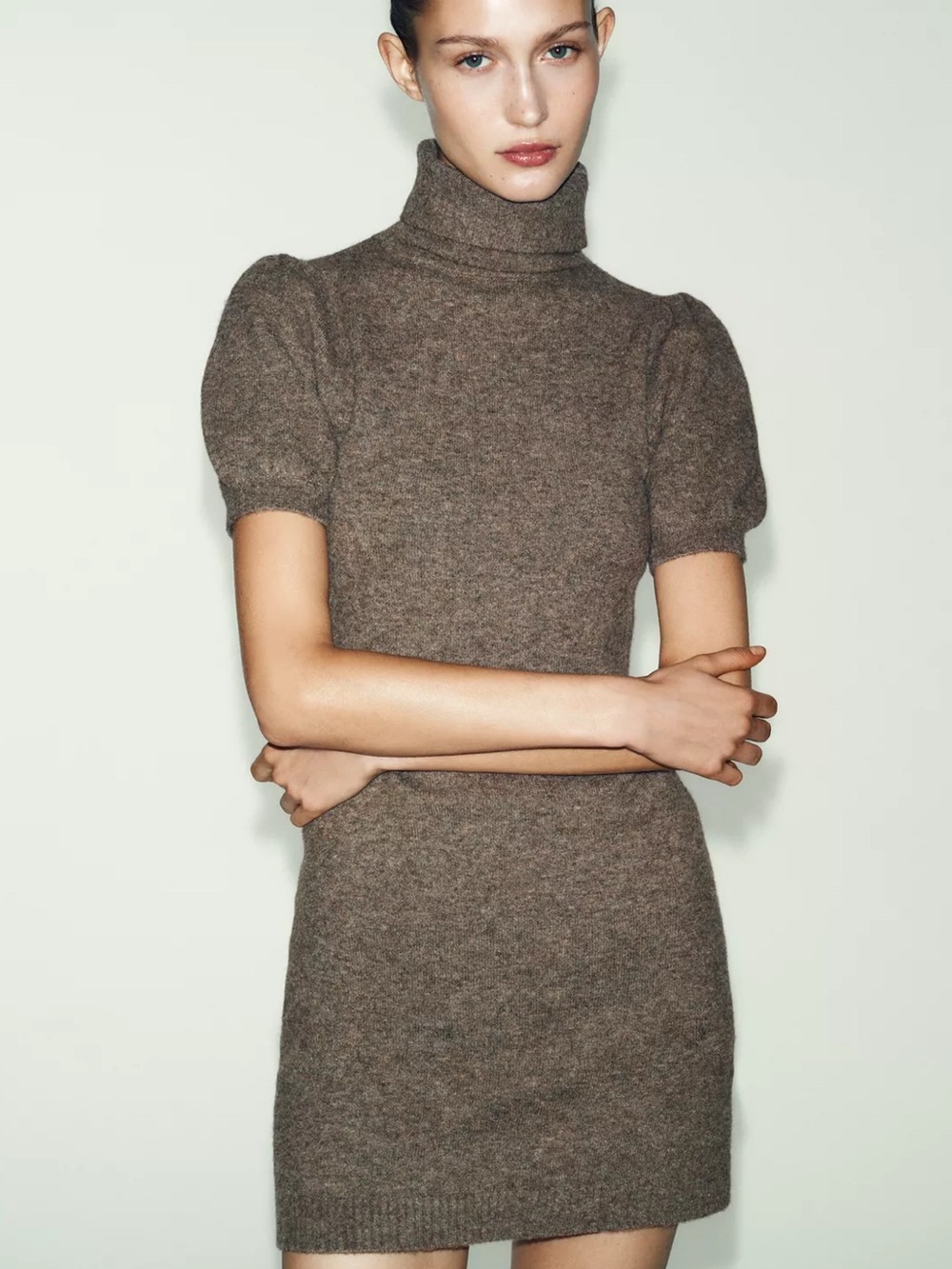 Zara Brown Puff-Sleeve Turtleneck Sweater Dress